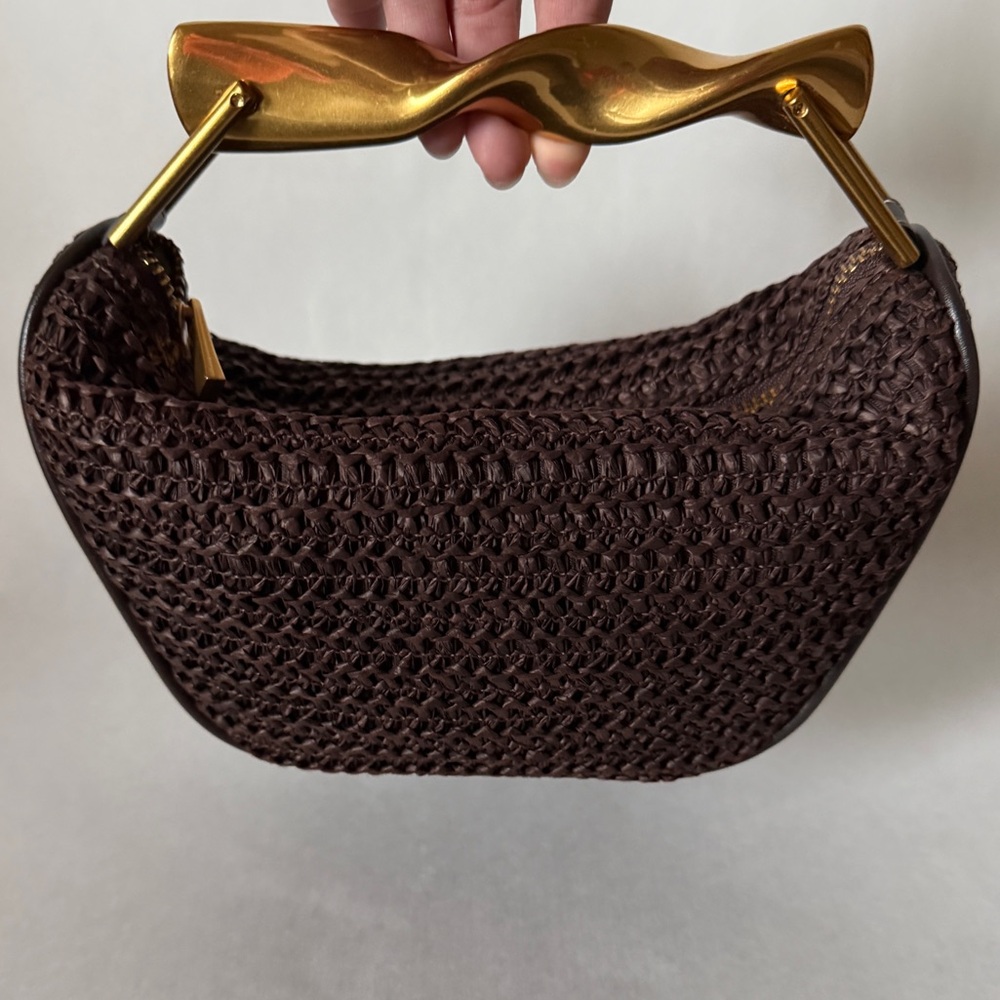Zara Brown Woven Clutch with Gold Handle